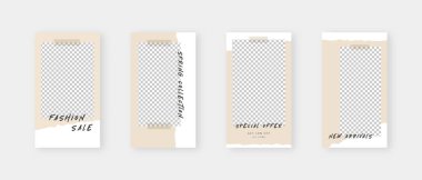 Sosyal medya şablonu. Düzenlenebilir moda sosyal medya hikayeleri. Model izole edildi. Şablon tasarımı. Vektör illüstrasyonu.