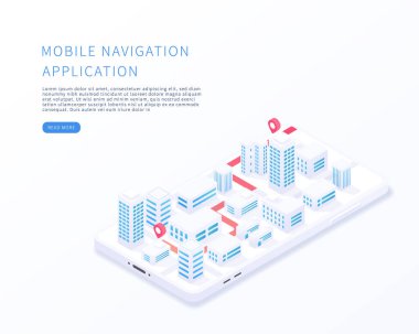 İzometrik vektör çiziminde mobil navigasyon uygulaması. Binalar, yollar ve akıllı telefondan takip edilen GPS 'li şehir izometrik planı. Mobil uygulama haritası. Vektör illüstrasyonu.