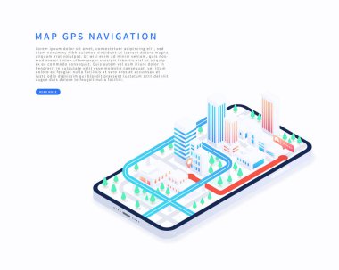 Mobile navigation application in isometric vector illustration. City isometric plan with buildings, road, GPS tracking on smartphone. Map GPS navigation on mobile application. Vector illustration.