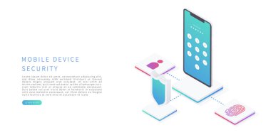 Düz izometrik vektör illüstrasyonunda mobil cihaz güvenliği. Parmak izi ve kimlik tanımlama sistemini tara. Vektör illüstrasyonu.