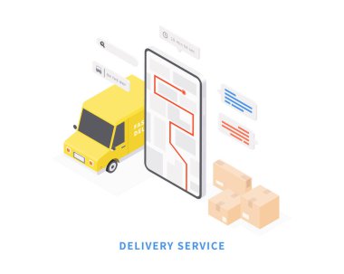 Mobil uygulamadan teslimat servisi. Minibüsle nakliye. Akıllı telefon, minibüs, harita, parseller ve harita takibi ile izometrik vektör. Vektör illüstrasyonu.