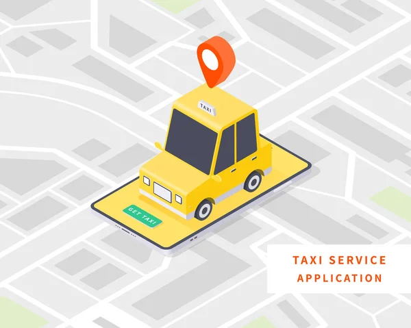 聪明的出租车 在线出租车服务的概念 平面等距矢量与出租汽车 地图和智能手机 矢量说明 — 图库矢量图片