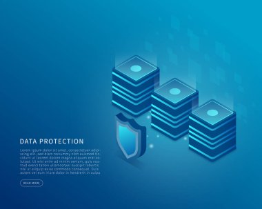 İzometrik vektör illüstrasyonunda veri güvenliği kavramı. Veri ve çevrimiçi sunucu koruma sistemi. Vektör illüstrasyonu.