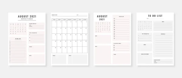 August 2021 Planner Modern Planner Template Set Set Planner List — Stock Vector