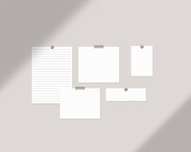 Ruh hali düzenleme şablonu. Duvarda gölgeli beyaz kağıtlar var. Model vektörü izole edildi. Şablon tasarımı. Gerçekçi vektör illüstrasyonu.