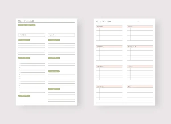 Moderne Planer Vorlagen Planer Und Liste Projekt Und Wochenplanervorlage Vektorillustration — Stockvektor