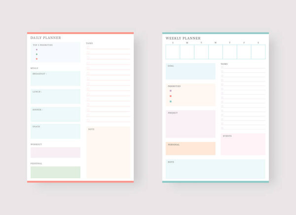 Современный набор шаблонов планировщика. Набор планировщика и список дел. Ежедневный и недельный шаблон планировщика. Векторная иллюстрация.
