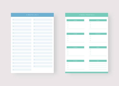 Modern şablon seti. Planlayıcı ve yapılacaklar listesi. Aylık ve haftalık planlama şeması. Vektör illüstrasyonu.
