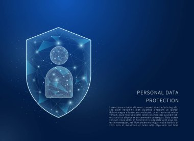 Kişisel veri koruma kavramı. Kalkan ve kişisel verilerin çokgen kablo çizimi. Vektör konsepti çizimi.