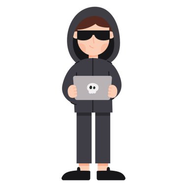 Flat cartoon illustration of a hacker character. Hacker character wearing a hoodie using a computer. Cybersecurity, coding, and hacking concept in minimal flat design style.