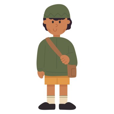 Bir erkek öğrencinin düz çizgi film çizimi. Okul ve sınıf tasarımları için mükemmel, elinde kitap tutan üniformalı bir çocukla eğitim ve öğrenim konsepti..