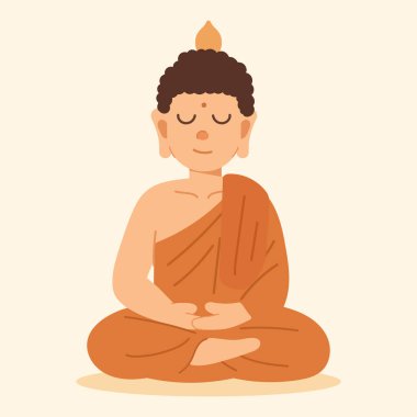 Buda heykelinin düz çizgi film çizimi. Dini ve ruhsal konsept barışı, meditasyonu ve minimum düz tasarım tarzında farkındalığı temsil eder..