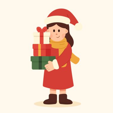 Elinde hediye kutusu olan güzel bir kızın düz çizgi film çizimi. Neşeli kış bayramı temalı Noel konsepti. Kutlama, kutlama ve mevsimlik tasarımlar için mükemmel..