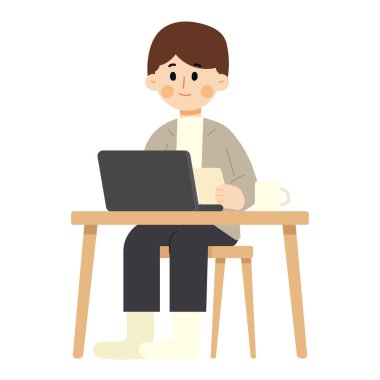 Bilgisayar başında çalışan genç bir adamın düz tasarım çizimi. Çalışma alanları kavramı. Düz çizgi film karakter vektör çizimi