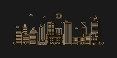 Şehir manzarası. Modern düz çizgi peyzaj vektörü. Şehir manzarası çizimi, bina, kule, gökdelenler. Vektör illüstrasyonu.