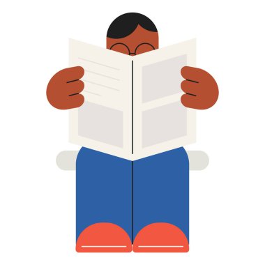 Basit karakter tasarımı ile öğrenme, eğitim, bilgi, bilgi ve kişisel gelişim kavramını temsil eden, gazete okuyan bir kişinin düz modern illüstrasyonu.