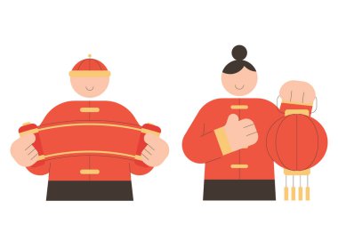 Kırmızı parşömen ve fener tutan Çin Yeni Yıl karakterlerinin düz vektör çizimi. Beyaz arka planda Ay 'ın yeni yılını kutlayan modern, minimal tarzda sevimli geleneksel insanlar..