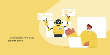 Robot yapay zeka asistanının iş birliği ve otomasyon göstermesine yardımcı olan teknoloji. Yapay zeka yardımı, üretkenlik ve işyeri teknolojisi kavramları için düz tasarım vektör çizimi.