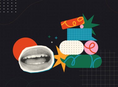 Renkli soyut geometrik şekillerle çevrili, konuşma, ifade, iletişim ve yaratıcılık kavramını temsil eden bir ağzın Trendi Yarıtonlama Kolajı tarzı çizimi.