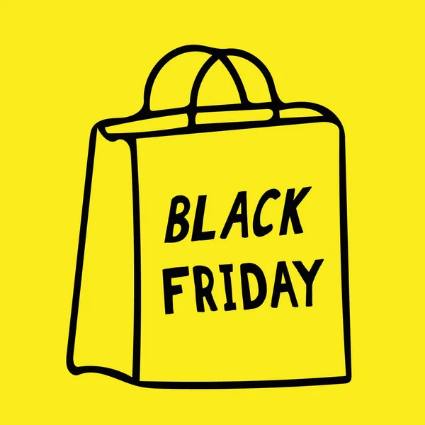 bag and lettering black friday banner, poster hand drawn doodle. yellow background. shopping, discounts