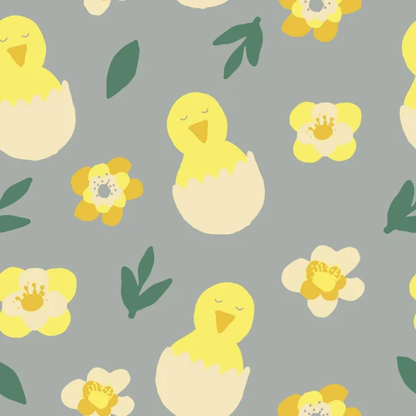 chick hatched from eggs and flowers seamless pattern. wallpaper, textiles, wrapping paper. hand drawn doodle. trendy colors 2021 gold, green, gray, yellow. baby, easter.