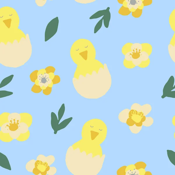 chick hatched from eggs and flowers seamless pattern. wallpaper, textiles, wrapping paper. hand drawn doodle. trendy colors 2021 gold, green, gray, yellow. baby, easter.