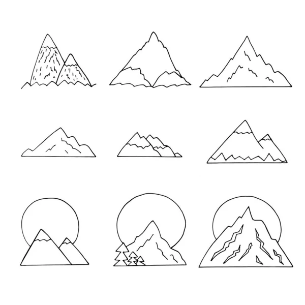 mountains silhouette. set icon, card, poster, sticker. sketch hand drawn doodle. monochrome minimalism nature landscape