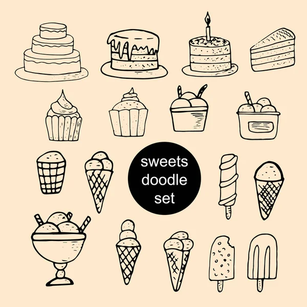 ice cream, cakes, cupcakes - set of sweets hand drawn in doodle style. collection of elements for design sticker, poster, card, icon, , scandinavian, hygge, monochrome. food desserts