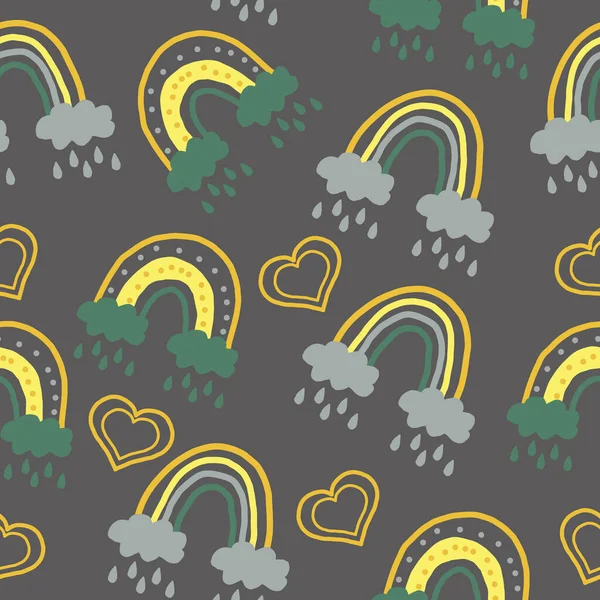 abstract rainbow and hearts seamless pattern. hand drawn in boho style. trendy colors 2021. doodle. textiles, nursery room decor, wallpaper, wrapping paper