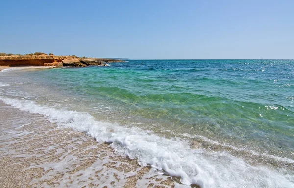 Onda schiumosa colpisce rocce e conchiglie spiaggia — Foto Stock