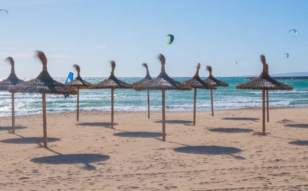 Élvezi a turisztikai ingyenes napsütéses téli beach kite-szörfösök — Stock Fotó