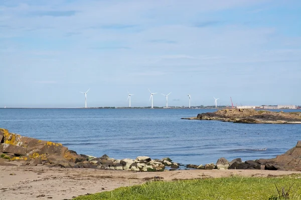 Větrné turbíny v krajině v skalnaté pobřeží oceánů — Stock fotografie