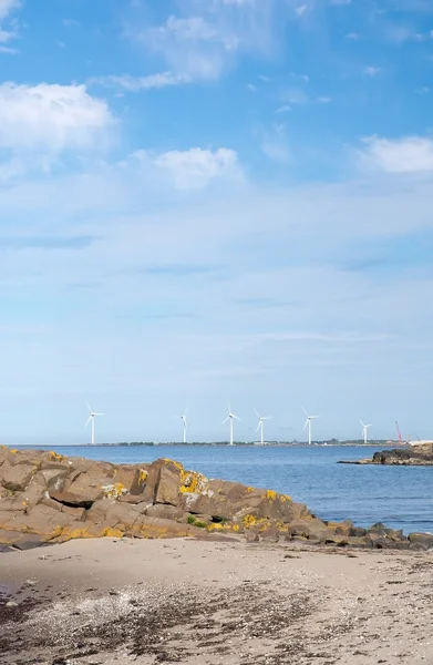 Vindmøller i stenet kystlandskab - Stock-foto