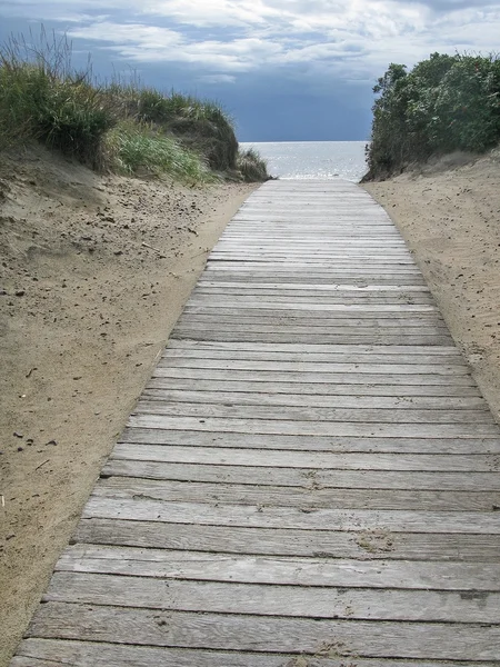 Песчаный дюнный пейзаж с деревянной набережной — стоковое фото