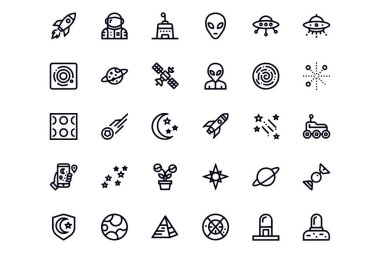 Uzay ve Kozmos Çizgisi Simgeleri Gezegenleri, Yıldızları, Roketleri ve Evren Vektör Sembollerini Ayarlar