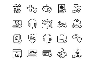 Sigorta Çizgisi Simgeleri Risk, Sağlık, Seyahat ve Kapsama Vektörü Sembollerini Ayarladı