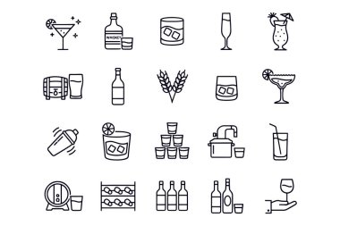 Alkol ve İçecek Çizgisi Simgeleri Kokteyl, Bira ve İçecek Vektör Sembollerini Ayarla