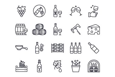 Şarap Çizgisi Simgeleri Cam, Şişe ve İçecek Vektörü Sembolü