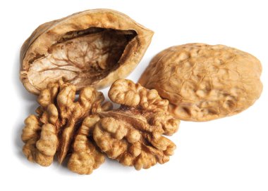 Ceviz kabuğu ve çekirdeği beyaz bir arkaplanda izole edilir..