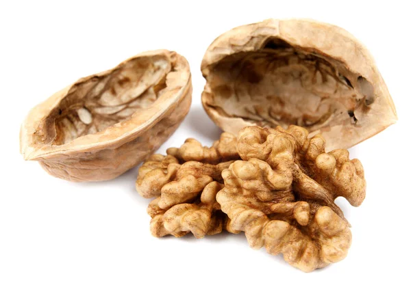 Jádro Skořápky Ořechů Jsou Izolovány Bílém Pozadí — Stock fotografie