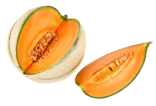 Den Mogna Melonen Och Pjäsen Isolerade Vit Bakgrund — Stockfoto