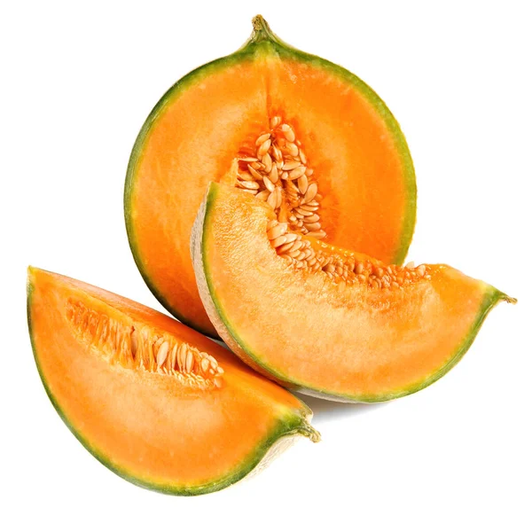 Hälften Kantaloupen Melon Och Bit Melon Isolerade Vit Bakgrund — Stockfoto