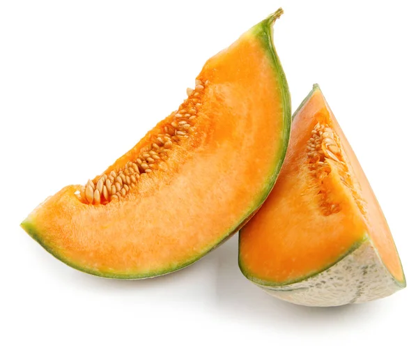 Två Melonbitar Isolerade Vit Bakgrund Kantaloupemelon — Stockfoto