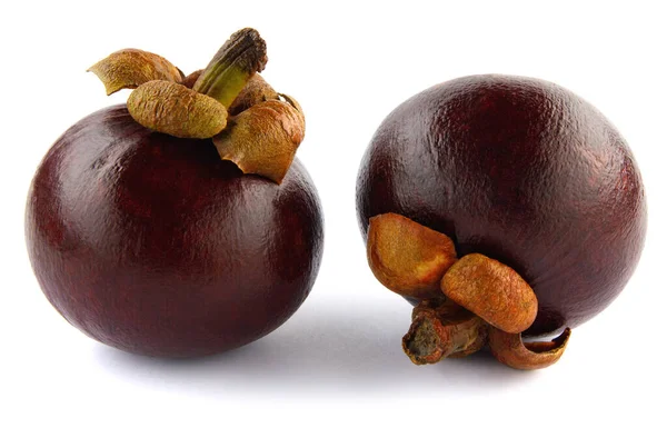 Beyaz arka planda izole edilmiş iki olgun mangosteen..