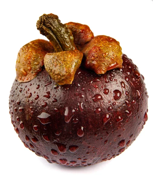 Kabukta su damlaları olan güzel mangosteen beyaz arka planda izole edilmiş..