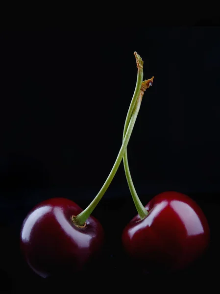 Két Érett Cseresznye Bogyó Fekete Alapon — Stock Fotó