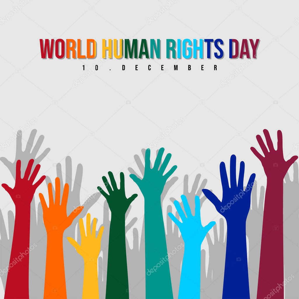 World Human rights day with colorful Hands up vector illustration. Good template for Human rights design.