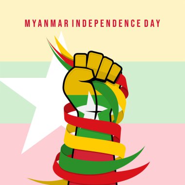 Myanmar bayrağı renkli el kurdele tutuyor. Myanmar Bağımsızlık Günü veya Ulusal Gün tasarımı için iyi bir şablon.