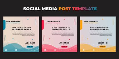 Sosyal medya paylaşım şablonu. Renk seçimi tasarımlı sosyal medya seti. Webinar davetiye pankartının vektör illüstrasyonu. Çevrimiçi reklam tasarımı için iyi bir şablon.