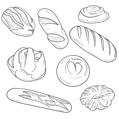 Pastane reklamcılığı kampanyası için el yapımı ekmek koleksiyonu. Beyaz arka planda izole edilmiş. ekmek karalama sanat tasarımı